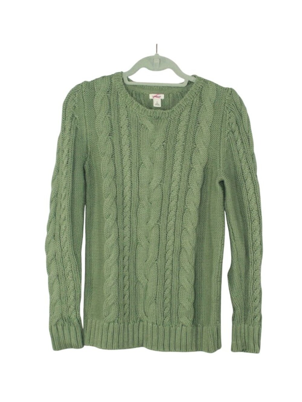 LL Bean Women's Double L Cable Sweater Crewneck Preppy Outdoor Casual Green S